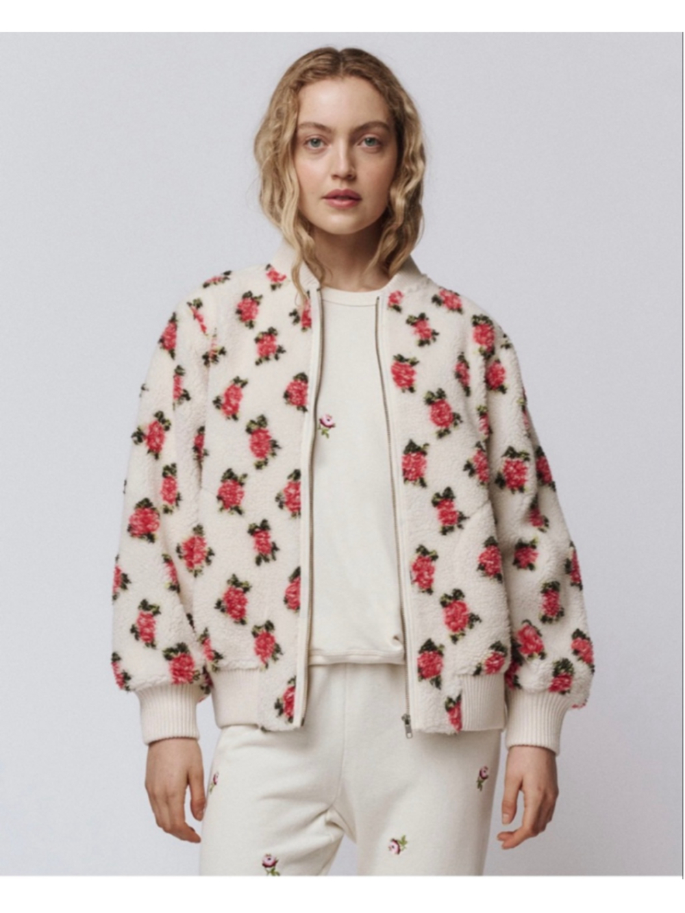 The Great| Cream Rose THE ZIP FRONT Floral PLUSH BOMBER| $450 Retail | NWT| Med